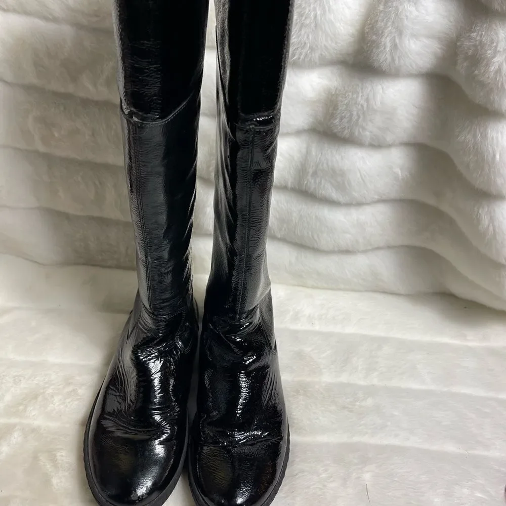 Michael Kors patent leather black knee high boots back zipper logo accent SZ7.5